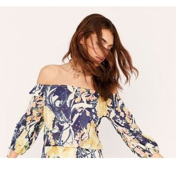 Free People Size S Shasta Boho Blue Floral Short Off Shoulder TOP ONLY - Picture 2 of 10